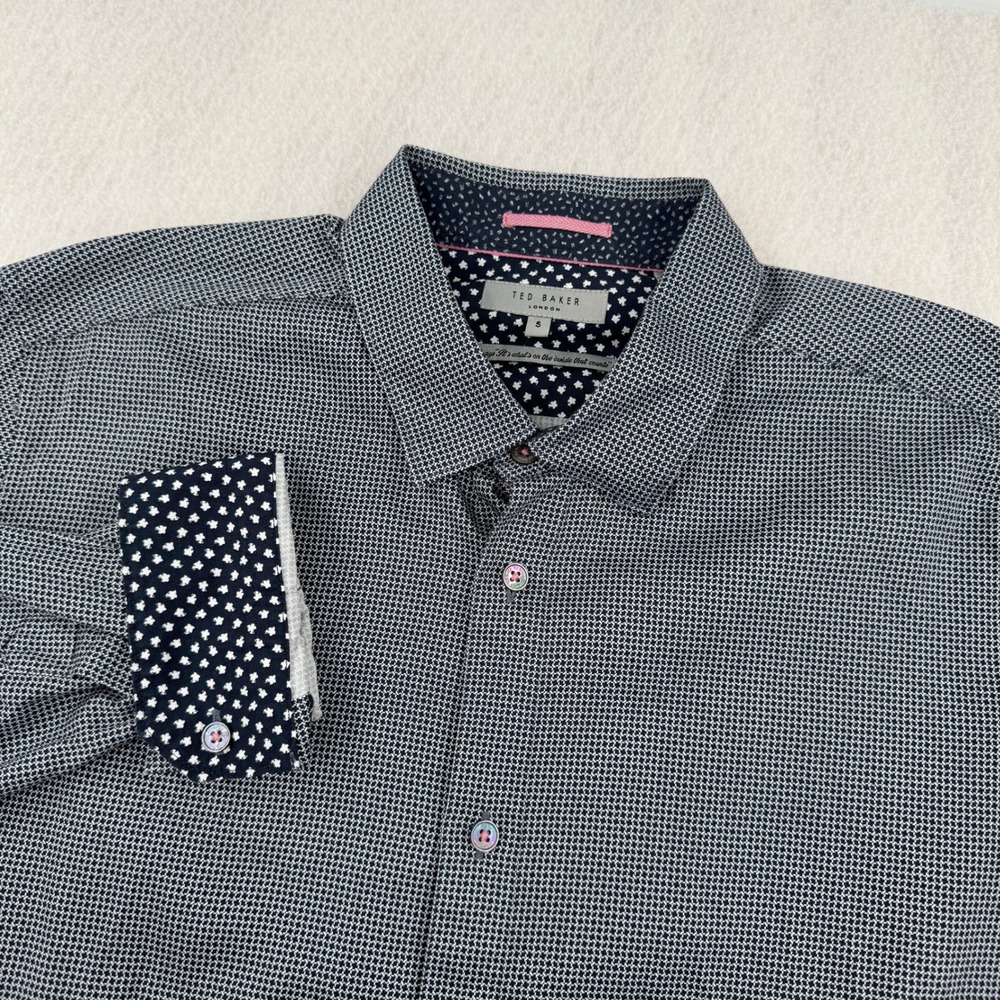 Ted Baker London Mens Black/White Geometric Micro Print Button Down Shirt Size 5